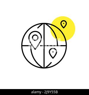 World map with set of pointers. Global shipment and communication. Pixel perfect, editable stroke line art icon Stock Vector