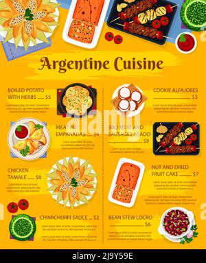 Argentine food and Argentina cuisine dishes menu, vector restaurant lunch, dinner poster. Traditional Argentinian bbq meals, empanadas and chimichurri, barbecue grill meat sausages and chicken tamale Stock Vector