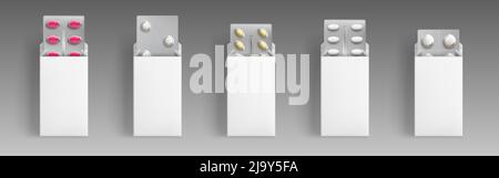 Blisters with medical drugs in open white boxes. Vector realistic mock up of 3d pharmacy package, round and oval pills and tablets in blank carton packs. Template of medicaments wrapping Stock Vector
