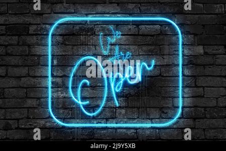 We Are Open Neon Sign on a dark wall Stock Photo