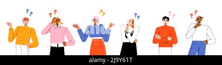 Diverse wondering people with question marks. Vector flat illustration of thoughtful women and men, doubt, unsure characters in pose with hand on chin, head, shrug Stock Vector