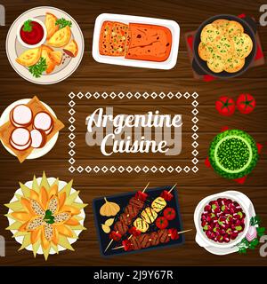 Argentine cuisine food menu cover, Argentina dishes and meals, vector restaurant poster. Traditional Argentinian empanadas, BBQ meat and grill sausages bean stew, chicken tamale and boiled potatoes Stock Vector
