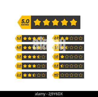 Five golden star review rate, customer feedback rating system. Isolated black bars of star rank classification from 5 star rating to no rating status, feedback evaluation badges set Stock Vector