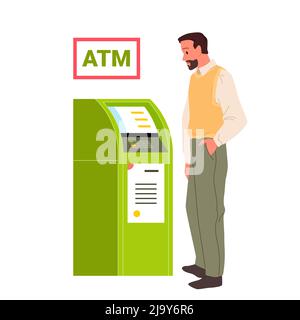 Man using ATM to pay or withdraw cash money, young male character in casual clothes Stock Vector