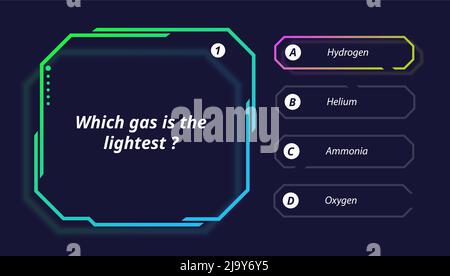 Quiz questions and test menu choice of TV show game, vector neon template. Quiz game question and answer options frames of intellectual challenge contest for TV screen layout Stock Vector