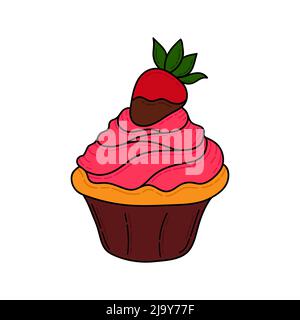 Doodle cupcake. Design sketch element for menu cafe, bistro, restaurant, coffeehouse, bakery, label, poster, banner, flyer and packaging. Vector color Stock Vector