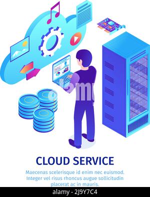 Isometric cloud service background with images of server infrastructure cabinet racks with pictograms and editable text vector illustration Stock Vector
