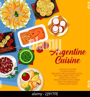 Argentina food menu cover, Argentine cuisine dishes and meals, vector. Argentinian restaurant lunch and dinner poster with empanadas, BBQ grill and meat pie, bean stew, chicken tamale and chimichurri Stock Vector