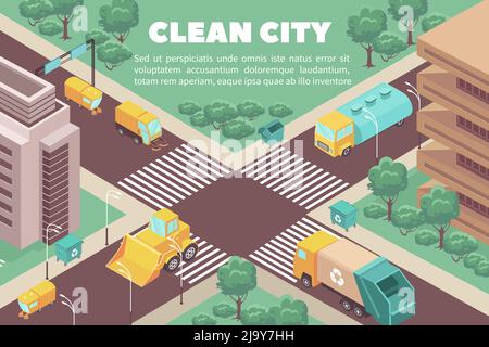 Isometric composition with garbage trucks and trash containers in streets of clean city 3d vector illustration Stock Vector