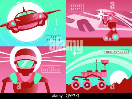 Future technologies 2x2 design concept set of  air tourism repair droids planet rover flat compositions vector illustration Stock Vector