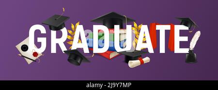 Background with text and realistic graduate caps scarf and stationary vector illustration Stock Vector