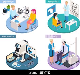 Ophthalmology isometric 2x2 design concept with scenes of medical appointments and professional eye sight checking tools vector illustration Stock Vector