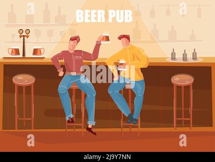 Two men drinking beer at bar counter in pub flat vector illustration Stock Vector