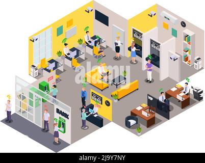 Social credit score system isometric composition with view of office people characters and rating level pictograms vector illustration Stock Vector