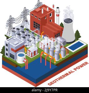 Electricity isometric composition with geothermal power station 3d vector illustration Stock Vector