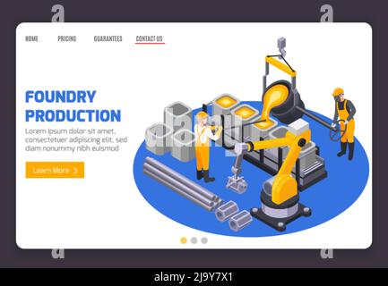 Metal industry plant banner with two workers casting iron 3d isometric vector illustration Stock Vector