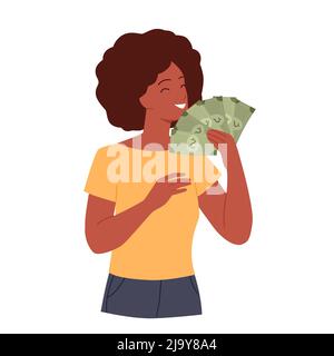 Happy rich girl holding fan of dollar banknotes, pretty cheerful woman celebrating Stock Vector