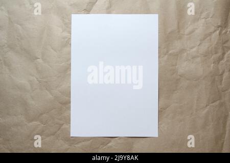White empty sheet of A4 format on a beige craft paper. Concept of analysis, study, attentive work. Stock photo with empty place for your text and design. Stock Photo