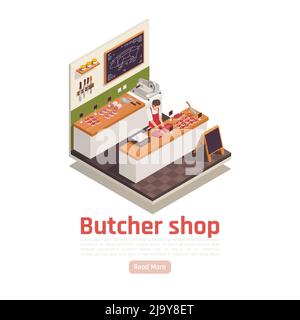 Butcher cutting meat on wooden counter worktop in his shop with knives slicer scale isometric vector illustration Stock Vector
