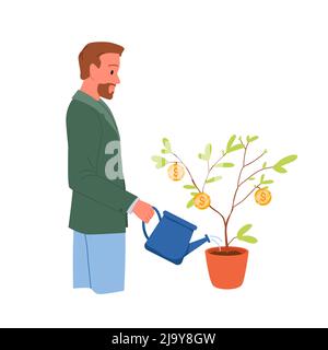Man holding watering can in hand to water money tree in pot with coins on branches Stock Vector