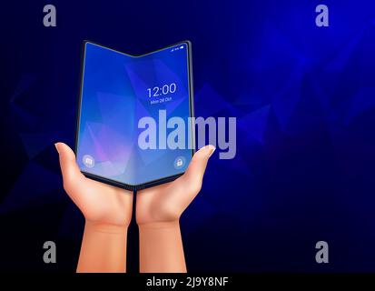 Foldable smartphone realistic composition with dark blue ambient background and open phone laying in human hands vector illustration Stock Vector