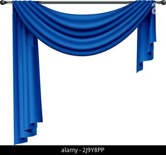 Realistic blue curtains composition with isolated image of luxury curtain hanging on rail vector illustration Stock Vector