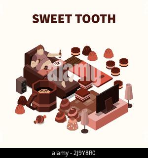 Sweet tooth isomeric background with fat man eating sweets and chocolate production vector illustration Stock Vector