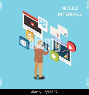 Mobile interface isometric background  with social media application signs and design elements vector illustration Stock Vector