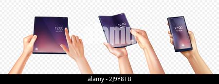 Foldable smartphone set of realistic images with various fugures of human hands hold folding touchscreen phone vector illustration Stock Vector