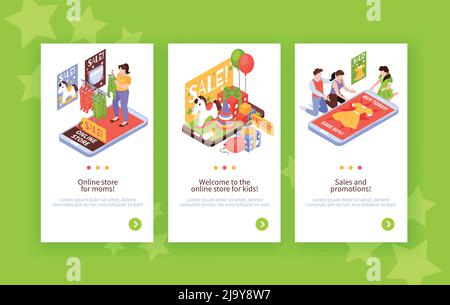 Isometric kids online shopping vertical banners with editable text page switch buttons and smartphones with toys vector illustration Stock Vector