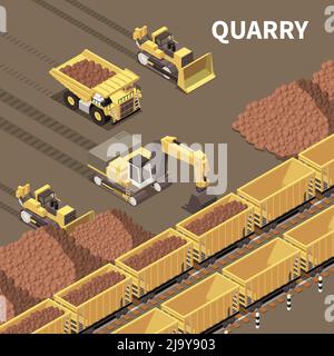 Mining machinery background with trucks and excavators loading rocks 3d vector illustration Stock Vector