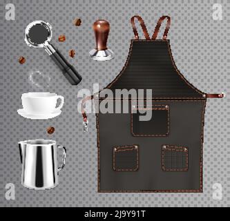 Barista coffee equipment realistic transparent set with isolated images of dickey kettles and cups with beans vector illustration Stock Vector