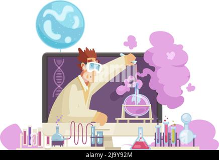 Video blogger composition with desktop computer and human character surrounded by scientific icons and signs vector illustration Stock Vector