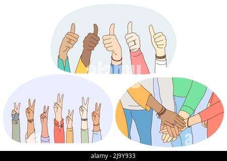 Sign and gesture language, hands emotion expression concept. Hands of mixed race people showing thumbs up sign, peace fingers sign and making heap of hands showing teamwork and mutual support  Stock Vector