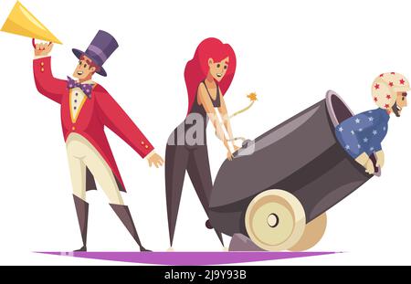 Circus performance cartoon composition with man sitting in cannon vector illustration Stock Vector