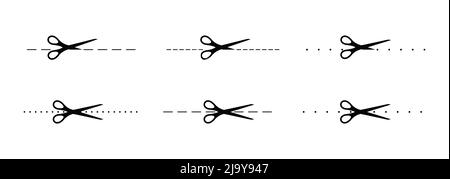 Scrissors cut along a dotted line mark icon set. Stock Vector