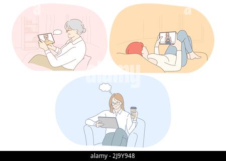 Online communication, chatting, e-learning concept. Elderly woman communicating online with son on tablet, girl watching yoga lesson, business woman sitting and searching for information for startup  Stock Vector