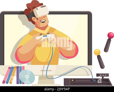 Cartoon icon with blogger in virtual reality glasses playing video game vector illustration Stock Vector