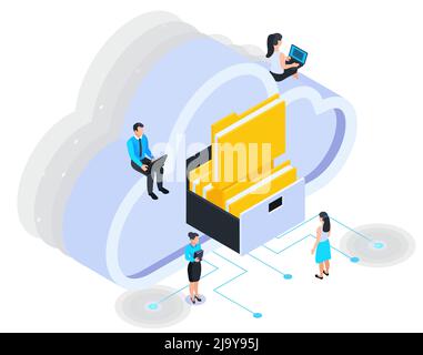 Cloud services isometric composition with icons of folders in cloud box with sitting people vector illustration Stock Vector