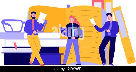 Lawyer justice law composition with doodle characters of lawyers with books and documents vector illustration Stock Vector