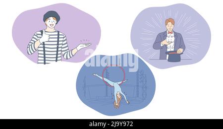 Circus, performance, clown, show, entertainment concept. People clown, magician with hat and woman air gymnast cartoon characters making performance in circus during show. Leisure, art, performer  Stock Vector