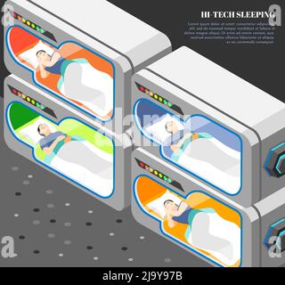 Hi-tech sleeping isometric and colored background with sleeping people in smart capsule hotel vector illustration Stock Vector