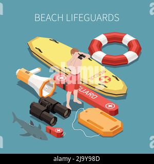 Inventory of beach lifeguard isometric composition with surf board loudspeaker binocular whisle 3d vector illustration Stock Vector