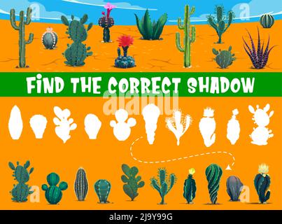 Find the correct desert cactus shadow. Kids game worksheet. Kindergarten children educational vector puzzle with find shadow task, kids intelligence playing activity, logical riddle with mexican cacti Stock Vector