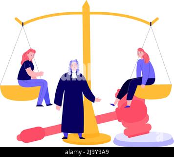 Lawyer justice law composition with doodle characters of judge and women on balance weighs vector illustration Stock Vector