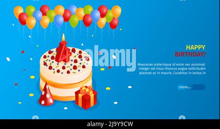 Birthday cake poster with happy birthday wish symbols isometric vector illustration Stock Vector