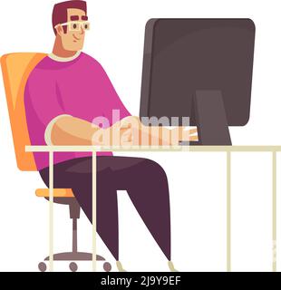 Male programmer in glasses working on computer in his office flat vector illustration Stock Vector