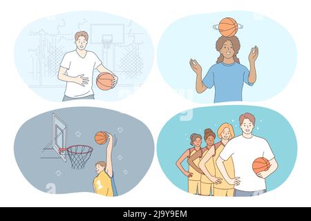 Basketball, sport, team competition concept. Young girls and boys basketball players training, jumping with slam dunk, training ball skills and competing in championships vector illustration  Stock Vector