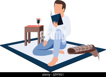 Person reading at home with cozy winter symbols flat recolor vector illustration Stock Vector