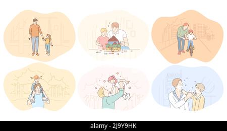 Father and child, fathers day, activities with children concept. Young men fathers walking in park, playing, having fun, building toy house, communicating and teaching children vector illustration  Stock Vector